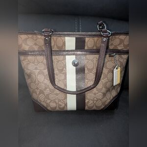 Coach Signature Heritage Strip Brown and Cream Tote Bag